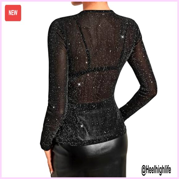 Long Sleeve Sheer Glitter Mesh Top Women's Blouse Clubwear - Picture 5 of 7